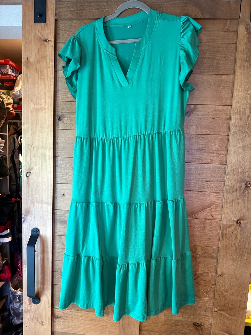 Tiered Flutter-Sleeve Dress in Emerald Green